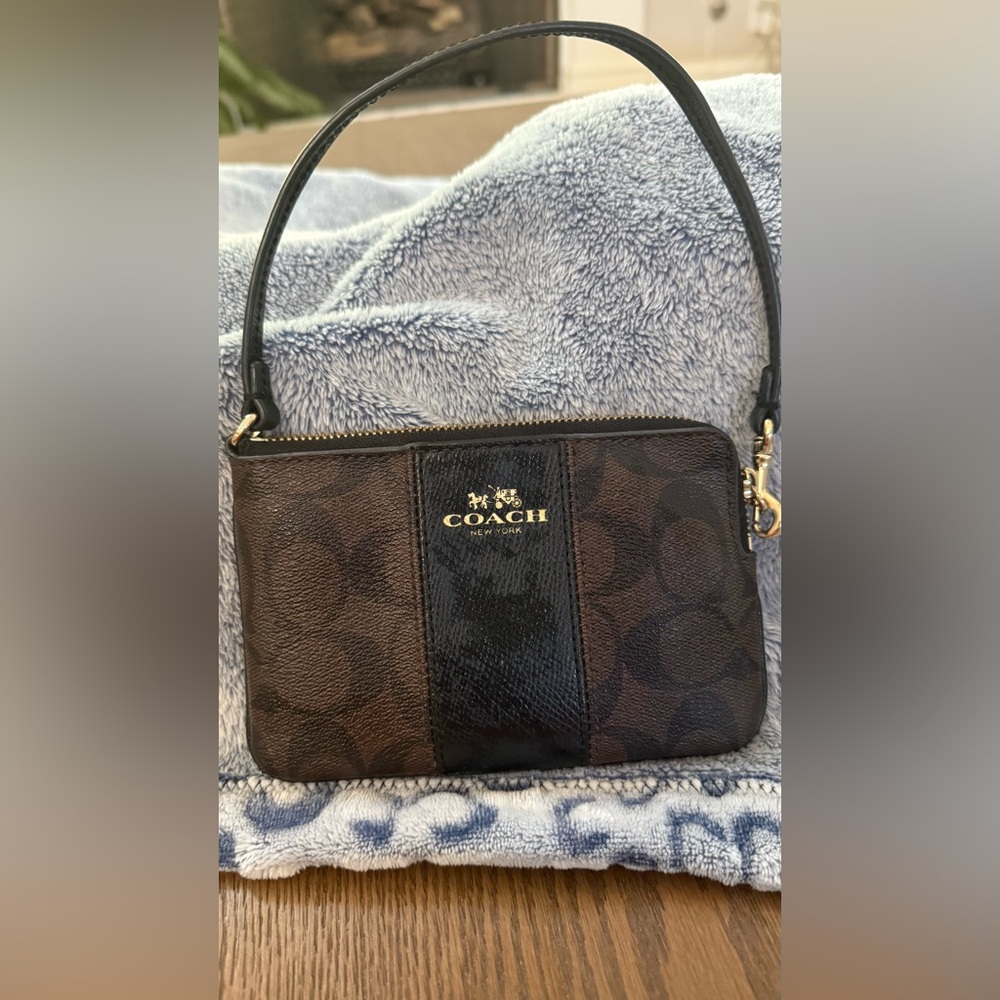 Coach Brown and Black Signature Corner Zip Wristlet with Gold Logo